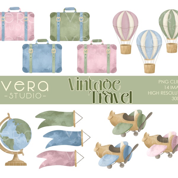 Vintage Travel Clipart Set - 14 PNG Images - Instant Download