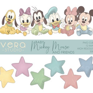Zestaw obrazów w palecie kolorów Baby Mickey Mouse i przyjaciele Boho - 12 obrazów PNG - natychmiastowe pobranie
