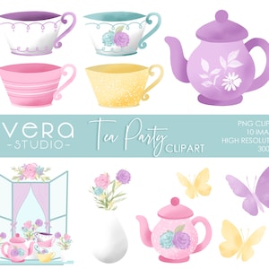 Pastel Tea Party Clipart Set - 10 PNG IMAGES - Instant Download