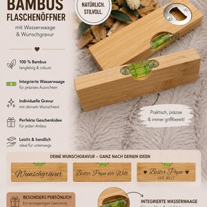 May include: Bamboo bottle opener with a built-in level. The opener is rectangular, made of light-colored wood, and features a silver bottle cap opener. Text on the opener includes "Wunschgravur" and "Bester Papa der Welt".