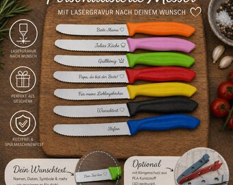 Messer personalisiert Küchenmesser Tomatenmesser mit individueller Gravur 11 cm Klinge 7 Farben zur Wahl