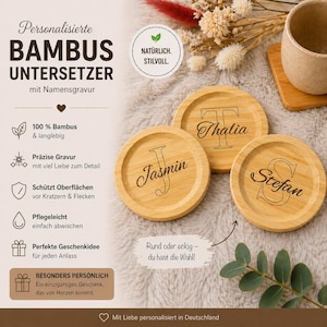 Könnte beinhalten: Drei runde Untersetzer aus Bambus mit lasergravierten Namen und Initialen. Die Aufschriften lauten Thalia, Jasmin und Stefan. Das Bild enthält deutschen Text, der das Bambusmaterial, die Gravur und die schützenden Eigenschaften beschreibt.