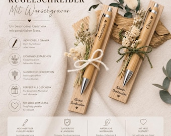 Kugelschreiber personalisiert Geschenk mit Trockenblumen Deko Bambus individueller Gravur schwarz Kuli Stift Holz Gastgeschenk Geschenk Gift