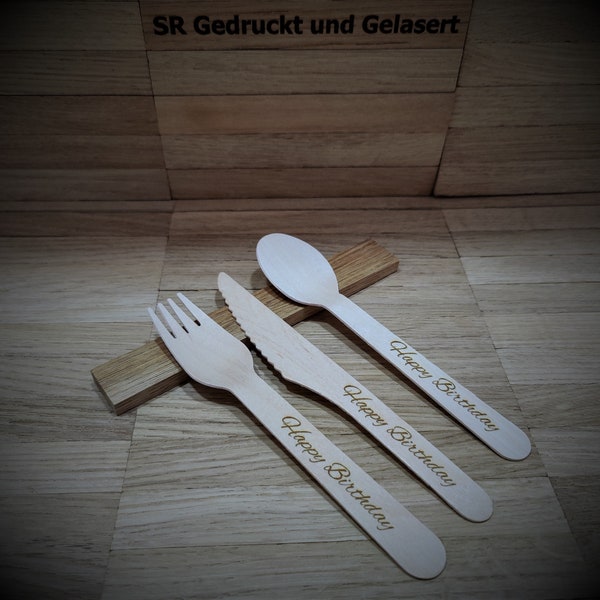 10 x Holzbesteck Reisebesteck Campingbesteck 3-teilig Löffel Messer Gabel Holz mit Wunschgravur individuelles Geschenk Geschenkidee