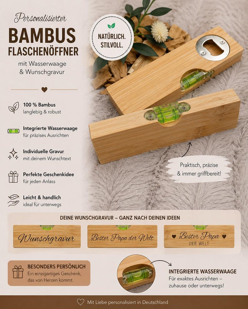 May include: Bamboo bottle opener with a built-in level. The opener is rectangular, made of light-colored wood, and features a silver bottle cap opener. Text on the opener includes "Wunschgravur" and "Bester Papa der Welt".
