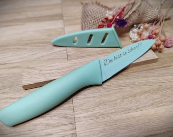 Kushino Messer Küchenmesser mit individueller Gravur 9 cm Klinge 3 Farben zur Wahl Geschenk