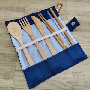 Travel cutlery camping cutlery made of bamboo 8-piece with fabric bag and carabiner desired engraving individual gift gift idea gift