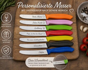 Messer personalisiert Küchenmesser Tomatenmesser mit individueller Gravur 11 cm Klinge 7 Farben zur Wahl