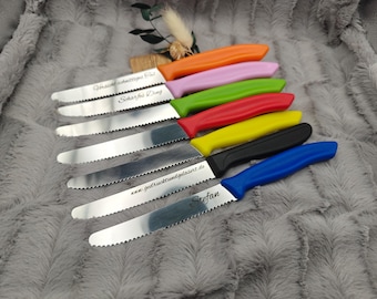Messer personalisiert Küchenmesser Tomatenmesser mit individueller Gravur 11 cm Klinge 7 Farben zur Wahl