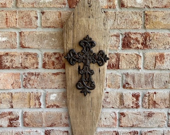 Wooden Cross on Salvaged Wood Board / Vintage Barn-Wood Cross Wall Decor/ Christian Gift / Christian Decor