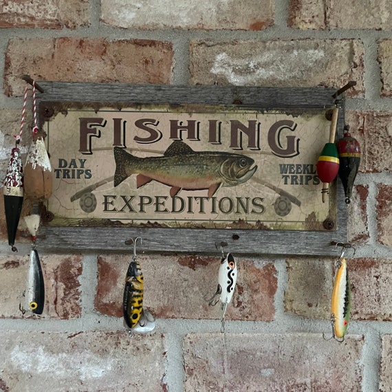 Vintage Fishing Lure Display and Sign Fishing Gift for Dad Man