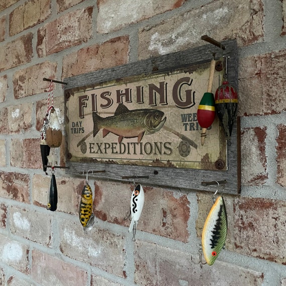 Vintage Fishing Lure Display and Sign Fishing Gift for Dad Man Cave Fishing  Gift Lures Not Included 