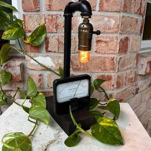 May include: A black metal pipe lamp with a vintage light bulb and a black and white gauge that reads "Percent of Normal" and "Continental Electronics".