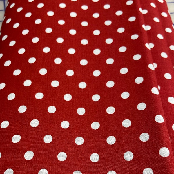 Maywood Kimberbell Red Polka Dot Dance Fabric - 100% Cotton - Red background adorning white polka dots