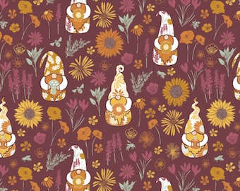 Harvest Time "GNOME WORRY Be HAPPY" with deep plum background from Camelot Fabrics - bty 30200501-03