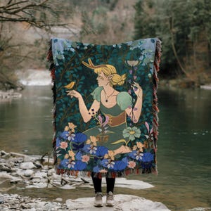 Cottagecore Spectral Vintage-Style Woven Blanket: Green Cozy Picnic Quilt, Dark Academia Tapestry
