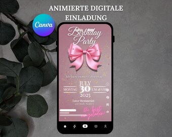 Digital birthday invitation for women | Mobile birthday party invitation | WhatsApp invitation | Canva template | Editable mobile invitation pink