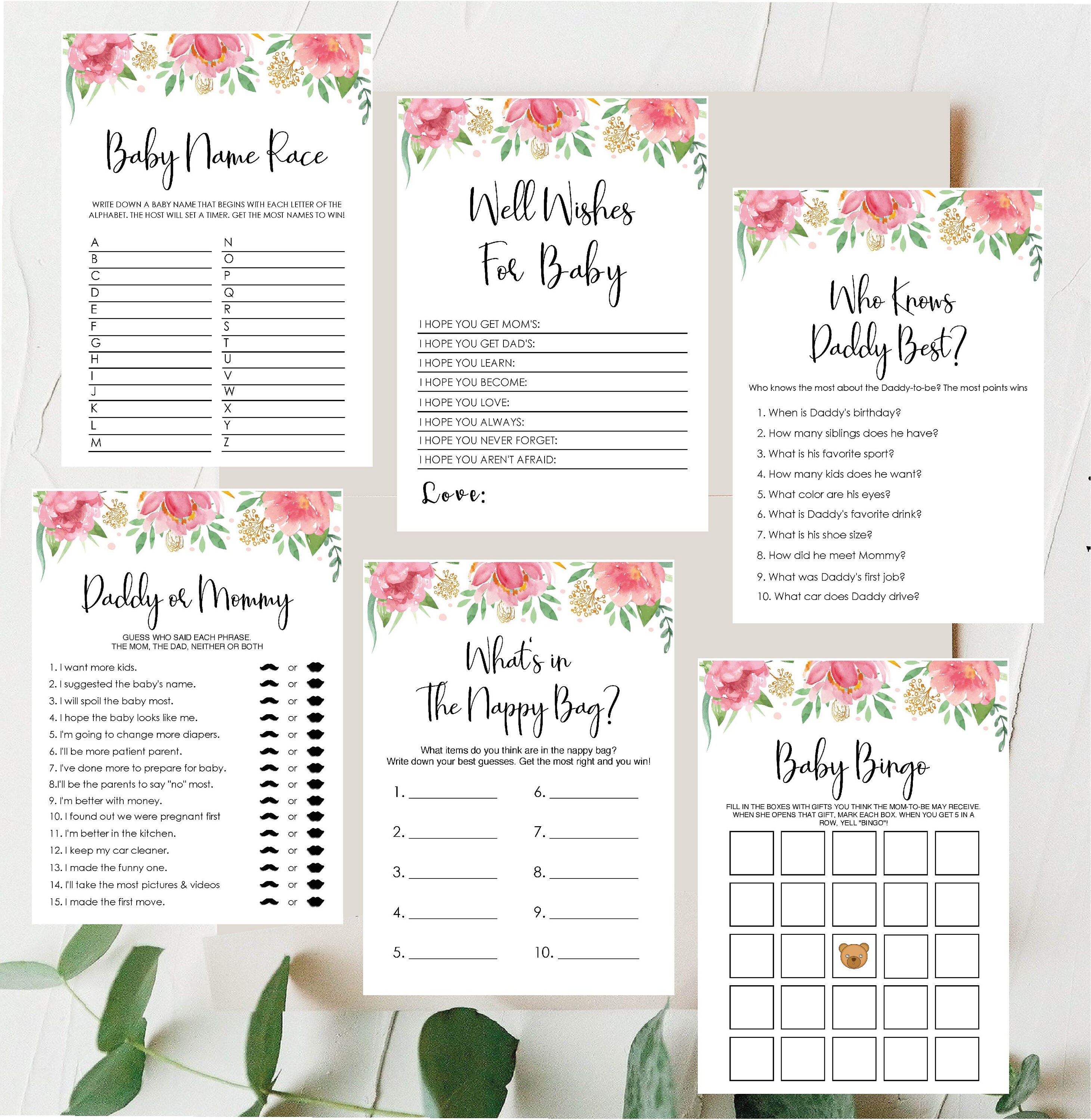 Floral Baby Shower Games BundleInstant Download Girl Baby Etsy