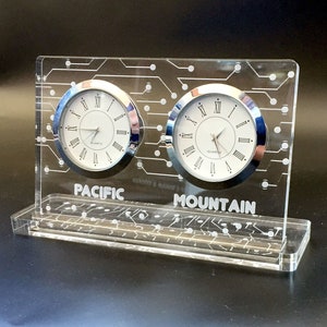 Double table clock with electronic circuit pattern. Desk clock with two city or region labels. Desk clock for 2 cities or regions.