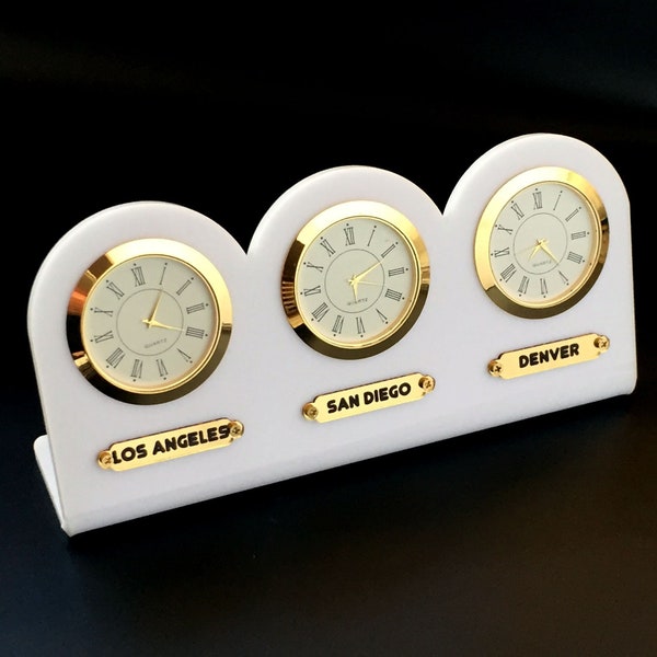 White 5 mm acrylic 3-piece table clock. Names of three regions or cities. Customizable labels. Time zone clock. white desk clock