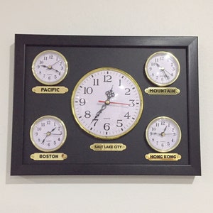 Customizable 4+1 Time zone clock. Multiple customizable wall clocks for 5 regions or cities. Wall clock 5 time zone clock.