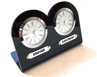 Black 5 mm acrylic 2-piece table clock. Names of two regions or cities. Customizable labels. Gold and silver watch option. Time zone clock