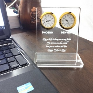 7mm Clear acrylic 2-piece table top clock. Customizable city and region names. Time zone clock. Acrylic engraving city names.clock with note