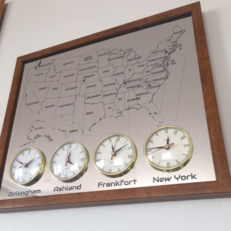 4 Zone Wall Clock With America Multi Zone Map. Maps and City Names Are