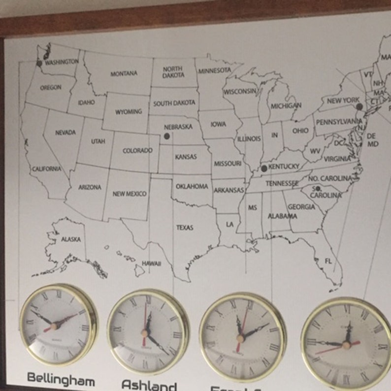4 Zone Wall Clock With America Multi Zone Map. Maps and City Names Are