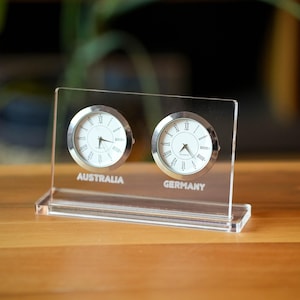 Table top 2 clock. Customizable labels. Time zone clock. clear acrylic personal desk clock. Desk clock for 2 cities or regions. Custom clock