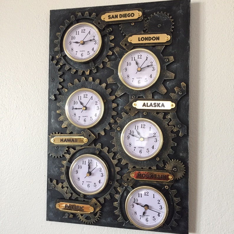 Multitime Zone Wall Clock With Clock Wheels Theme. Wheels 6 Zone Times