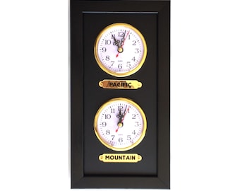 Black wall clock with 2 labels. Customizable labels.Two separate zone clocks. 2-zone clock for wall. Time zone clock.