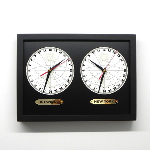 Two-zone clock with 24-hour zones. Binary clock showing 24 hours. Multiple time clocks. Wall clock with 24 time zones for day and night.