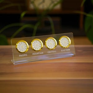 Clear acrylic 4-piece table top clock. Customizable city and region names. Multi zone clock. Engraving city names. Quartz watch clock.