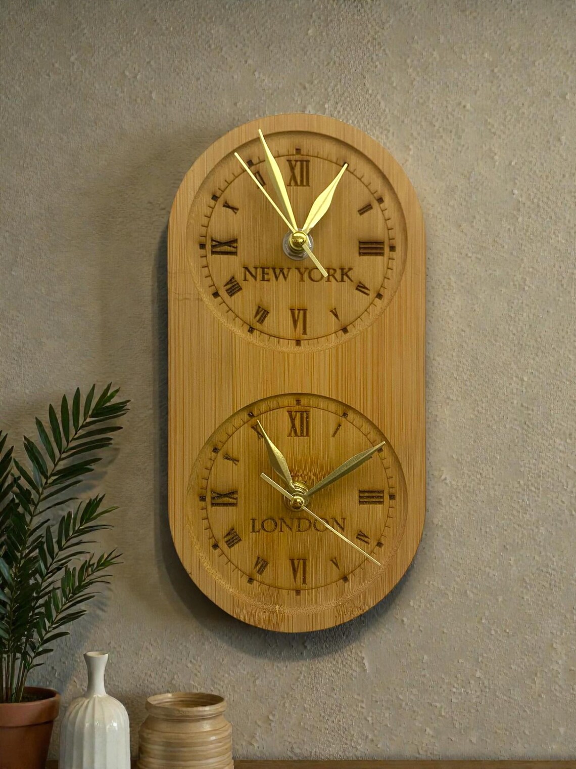 2-piece Multi Zone Clock, City Zone Clock, Dual Time Wooden Wall Clock ...