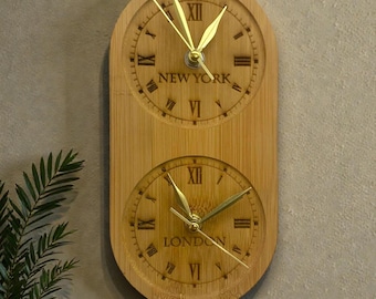 2-delige multizoneklok, stadszoneklok, dubbele tijd houten wandklok, multizoneklok – handgemaakt bamboedecor