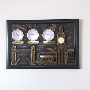 Handmade London Wall Clock: 4-Zone Metallic Time Zone Clock