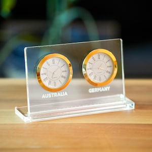Table top 2 clock. Customizable labels. Time zone clock. clear acrylic personal desk clock. Desk clock for 2 cities or regions. Custom clock