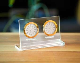 Personalized Dual Time Zone Desk Clock, Custom Acrylic World Clock, Office Decor, Multi Zone Clock, Multi Zone Desk Clock