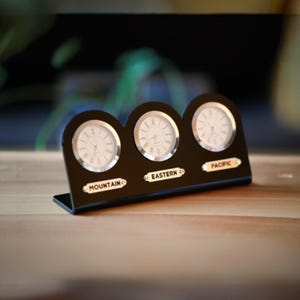 Black 5 mm acrylic 3-piece table clock. Names of three regions or cities. Customizable labels.  silver watch option. Time zone clock.