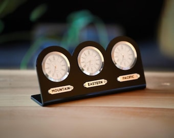 Customizable 3-City Time Zone Clock: Black Acrylic Desk Clock