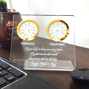 5mm Clear acrylic 2-piece table top clock. Customizable city and region names. Time zone clock. Acrylic engraving city names.clock with note