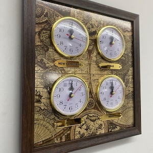 Customizable 4-Zone Wooden Clock with Old Map