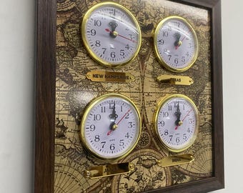 Customizable 4-Zone Wooden Clock with Old Map