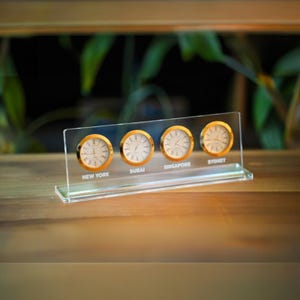 4 cities and regions can be customized. multi-time clock. multi desk clock. Clear acrylic personalized city or regional desk clocks. custom.