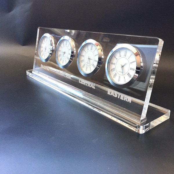 4 cities and regions can be customized. multi-time clock. multi desk clock. Clear acrylic personalized city or regional desk clocks. custom.