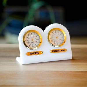 Customizable clock. White 5 mm acrylic 2-piece table clock. Names of two regions or cities. Time zone clock. Multi zone clock. 5 zone clock.