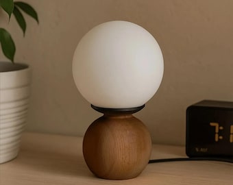 Minimalist Wooden Table Lamp – Japandi Style Bedside Light with White Glass Globe, Warm Ambient Home Decor -  Home Decor