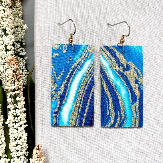 Blue gold abstract fabric on wood teardrop earrings \u2022 handmade \u2022 mod podge \u2022 lightweight earrings \u2022 gift for her \u2022 wooden jewelry
