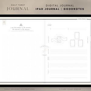 K&ouml;nnte beinhalten: Eine digitale Journal-Vorlage f&uuml;r Goodnotes auf dem iPad, mit einem t&auml;glichen Tarot-Lesesystem mit einem 3-Karten-Ziehen. Die Vorlage hat einen wei&szlig;en Hintergrund mit schwarzem Text und Illustrationen. Der Text enth&auml;lt "Daily Tarot Journal", "Tarot Reading Affirmations" und "3 Card Draw Spread".